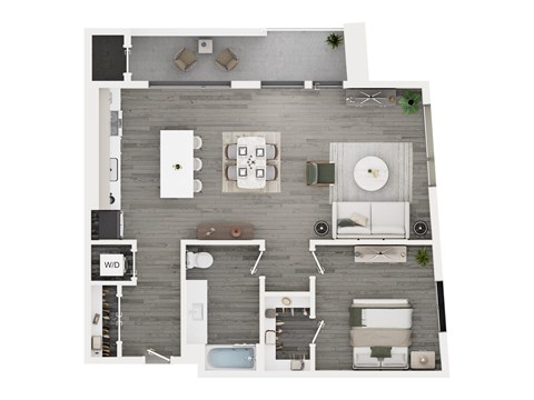 A top down view of a living room, kitchen, and dining area.